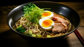 freshly cooked ramen noodles with pork vegetables photo