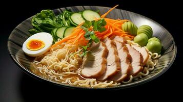 freshly cooked ramen noodles with pork vegetables photo