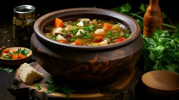 freshly cooked vegetable soup in a rustic wooden bowl photo