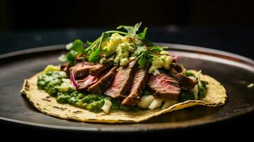 recién A la parrilla carne de vaca taco con guacamole cilantro foto