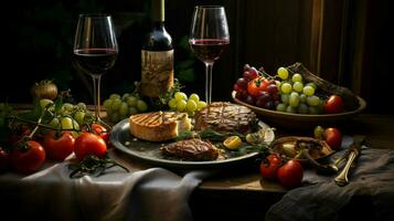 frescura y gastrónomo comida en un mesa con carne y vino foto