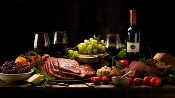 frescura y gastrónomo comida en un mesa con carne y vino foto