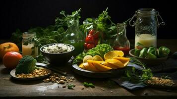 frescura y salud en un vegetariano gastrónomo comida en madera foto