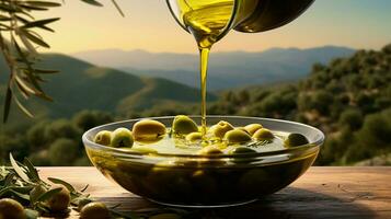 freshness and nature pour into the bowl of organic olive photo