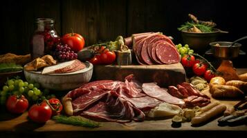 freshness and variety on a rustic table gourmet meat photo