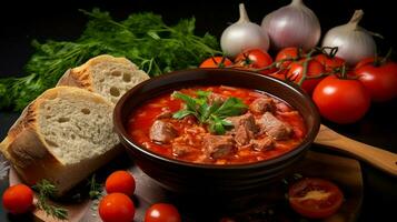 frescura en el mesa tomate sopa gastrónomo carne estofado hecho en casa foto