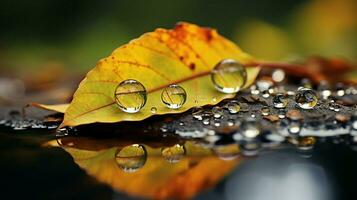 frescura reflejado en un mojado otoño hoja foto