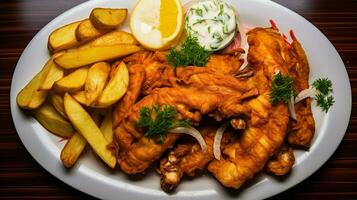 fried seafood chicken and potatoes fill plate photo