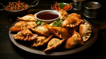 fried dumplings and samosas ready to eat photo