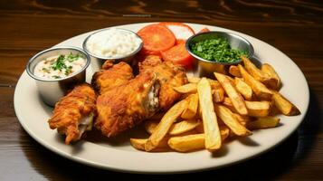 fried seafood chicken and potatoes fill plate photo