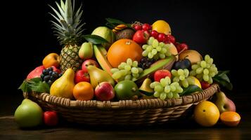 Fruta cesta sostiene un abundancia de sano variedad foto