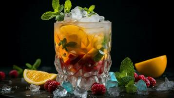 fruit filled cocktail with citrus mint and ice photo
