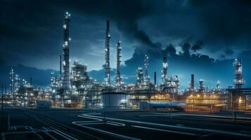 fuel refinery illuminated at night with pipelines photo