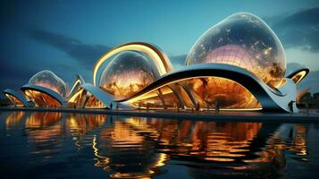 futuristic architecture reflects modern design in vibrant photo