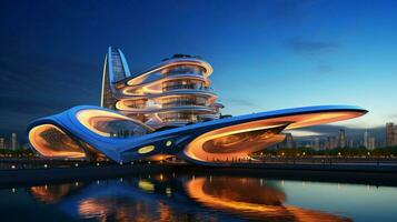 futuristic architecture reflects modern design in vibrant photo