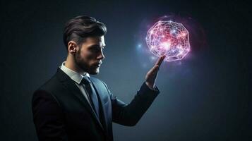 futuristic businessman pointing to glowing abstract brain photo