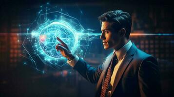 futuristic businessman pointing to glowing abstract brain photo