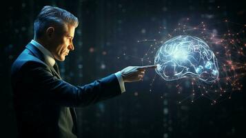 futuristic businessman pointing to glowing abstract brain photo