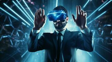 futuristic businessman uses virtual reality simulator photo