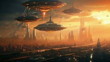 futuristic cityscape at sunset men flying spaceships photo