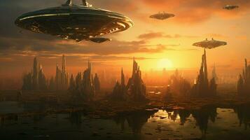 futuristic cityscape at sunset men flying spaceships photo