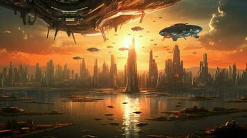 futuristic cityscape at sunset men flying spaceships photo