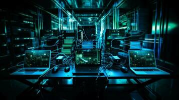 futurista computadora equipo brilla en oscuro conectado foto