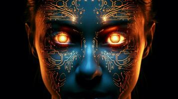futuristic computer graphic of glowing human face photo