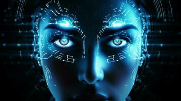 futuristic computer graphic of glowing human face photo