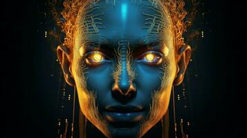 futuristic computer graphic of glowing human face photo