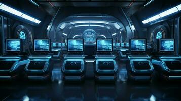 futuristic computer lab equipment in a row photo