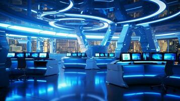 futuristic computer lab with bright blue lighting photo