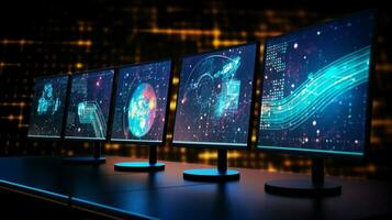 futuristic computer monitors display galaxy glowing data photo