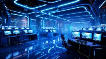 futurista computadora laboratorio con brillante azul Encendiendo foto