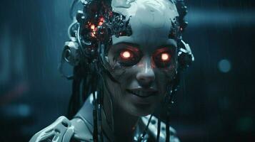 futuristic cyborg smiles evilly in spooky darkness photo