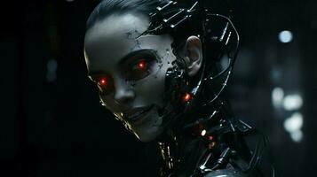 futuristic cyborg smiles evilly in spooky darkness photo