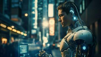 futuristic cyborg with robotic arm stands illuminated photo