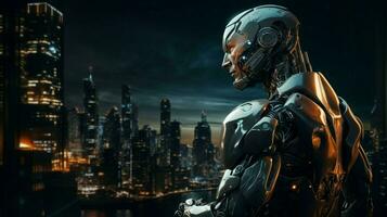 futurista cyborg con robótico brazo soportes iluminado foto