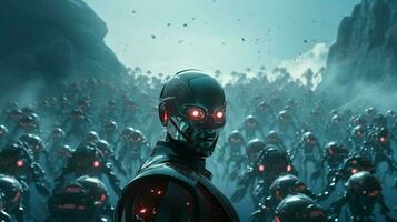 futuristic men explore galaxy with armed robot army photo