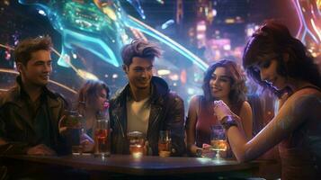 futuristic nightlife young adults glowing with happiness photo