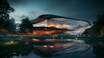 futuristic office building with steel and glass illuminated photo