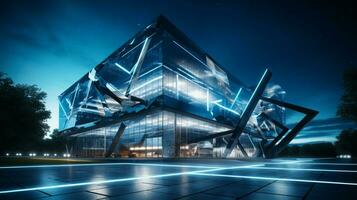 futuristic office building with steel and glass illuminated photo