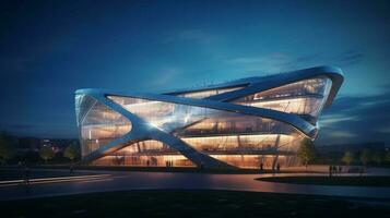 futuristic office building with steel and glass illuminated photo