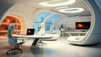 futuristic office design with modern computer equipment photo