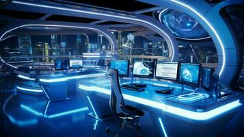 futuristic office design with glowing computer equipment photo