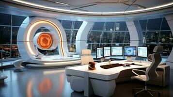 futuristic office design with modern computer equipment photo