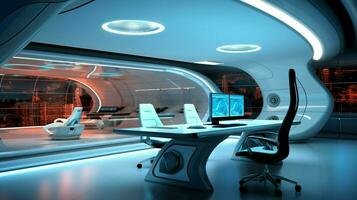 futurista oficina diseño con moderno tecnología equipo foto