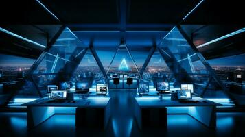 futuristic office illuminated by blue lighting equipment photo