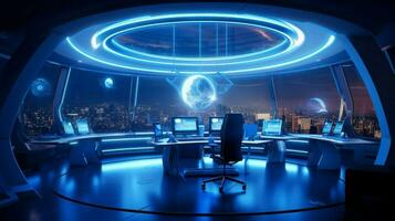 futuristic office illuminated by blue lighting equipment photo