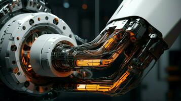 futuristic robotic arm working on complex machinery photo